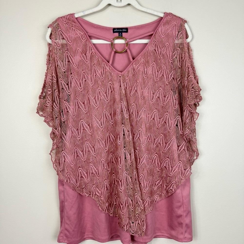 Olivia Blue Lace Top 1X Pink Glam Y2K Sheer Layered Croquet Short Sleeve Blouse